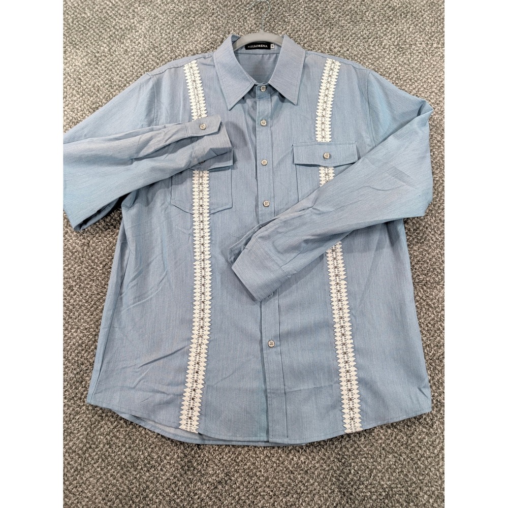 Kellorena Mens Blue Cotton Lace Trim Guayabera Style Long Sleeve Shirt Size M